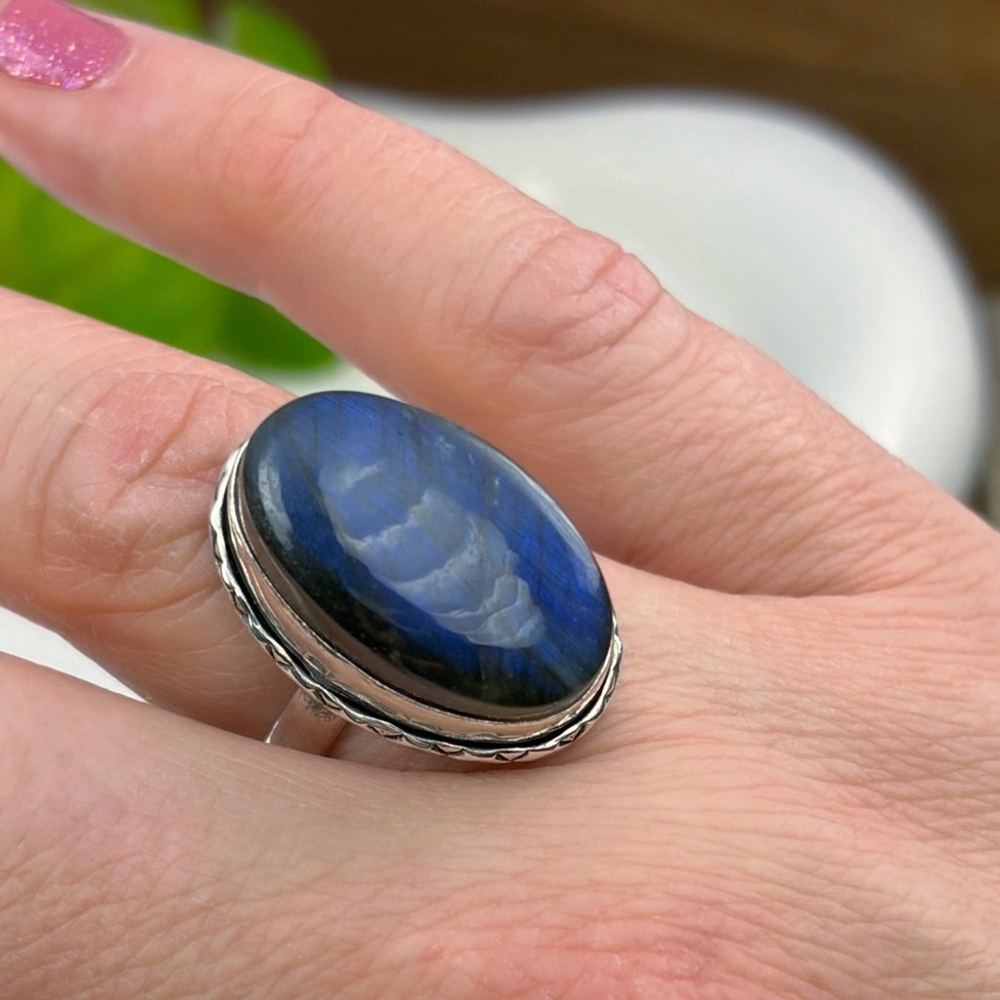 Natural Blue Labradorite Ring Size 7 Vintage Boho Sterling Silver 925 Overlay
